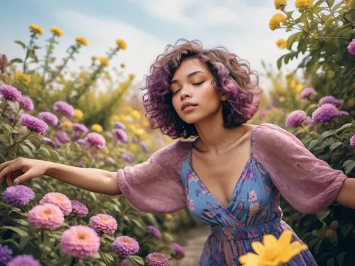 Prompt: Girl in a pink and purple and blue flower garden. with curly, bob cut hair. Yellow tan brown skin. Pear size body. Closed Eyes. Hands wide spread while enjoying breeze.