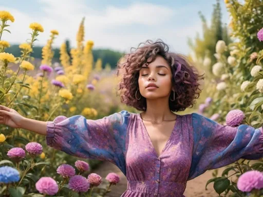 Prompt: Girl in a pink and purple and blue flower garden. with curly, bob cut hair. Yellow tan brown skin. Pear size body. Closed Eyes. Hands wide spread while enjoying breeze.