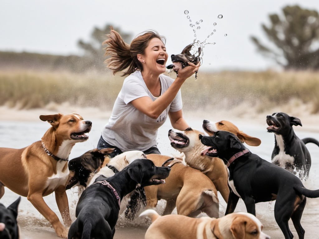 Prompt: dogs running on water, sand, a little purplish towards the owner. Around 30 dogs in black and white, gold, black, caramel, white, brown. Owner with happy tears face, wide open arm to receive them. a little bubbles around