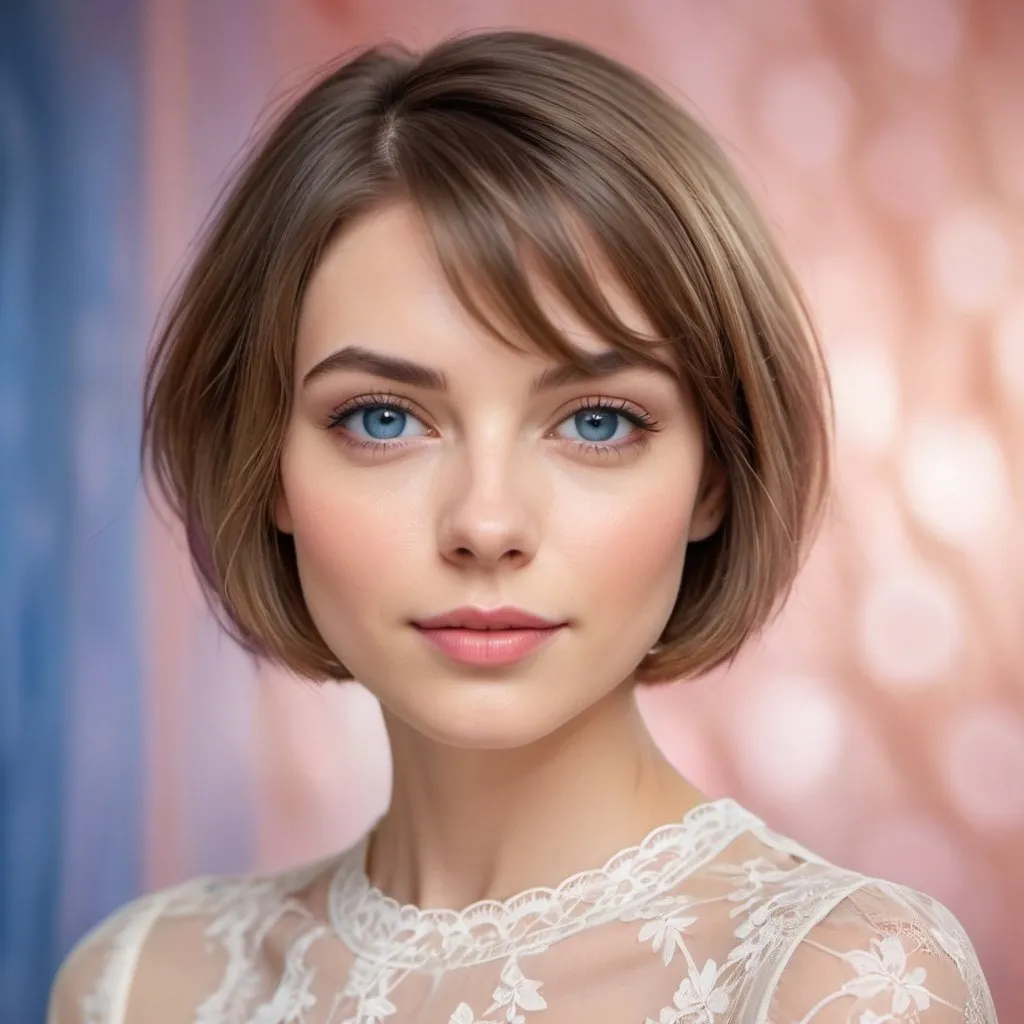 Prompt: "A beautiful young woman with a chic short bob haircut, glossy strands with subtle highlights, deep blue eyes, flawless peachy complexion, soft rose lips, wearing a light, flowing blouse with delicate lace detailing, standing in front of a blurred, colorful background."
