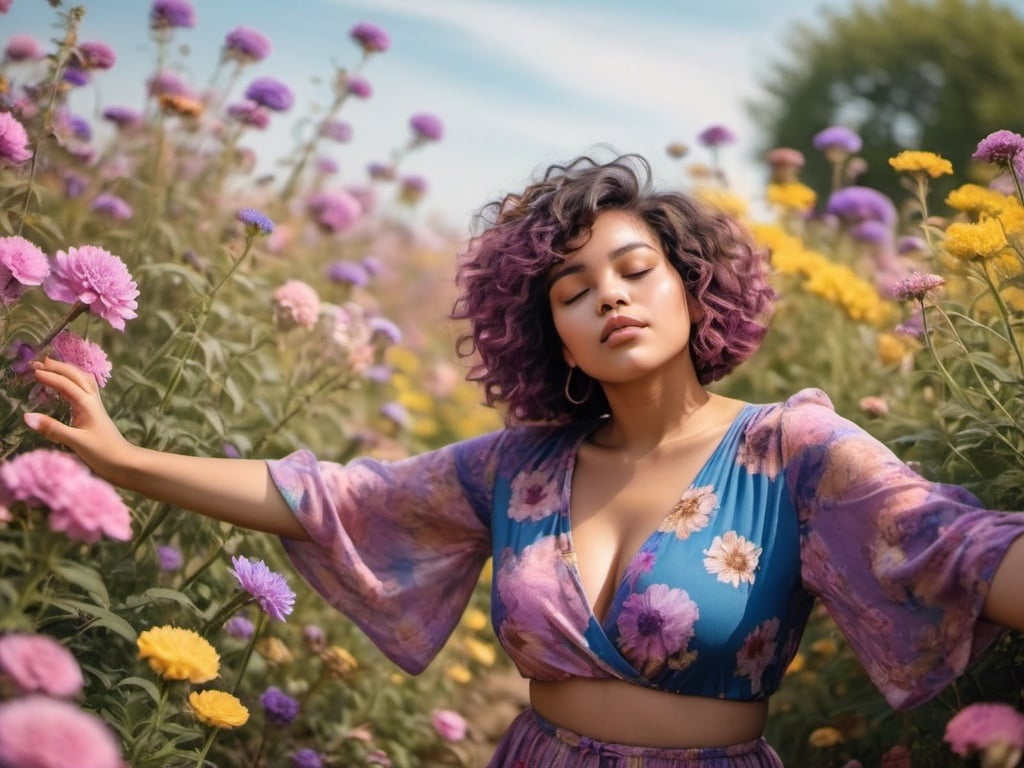 Prompt: Girl in a pink and purple and blue flower garden. with curly, bob cut hair. Yellow tan brown skin. Plus XL size body. Closed Eyes. Hands wide spread while enjoying breeze.