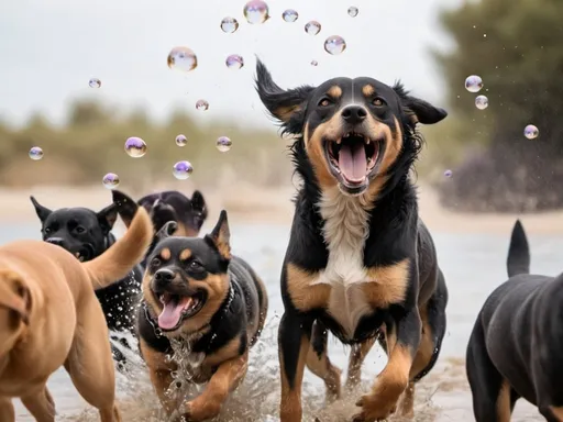 Prompt: dogs running on water, sand, a little purplish towards the owner. Around 30 dogs in black and white, gold, black, caramel, white, brown. Owner with happy tears face, wide open arm to receive them. a little bubbles around