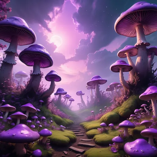 Prompt: A skybox with magical Purple sky with large light purple mushrooms coming out of Bright green trees with purple flowers