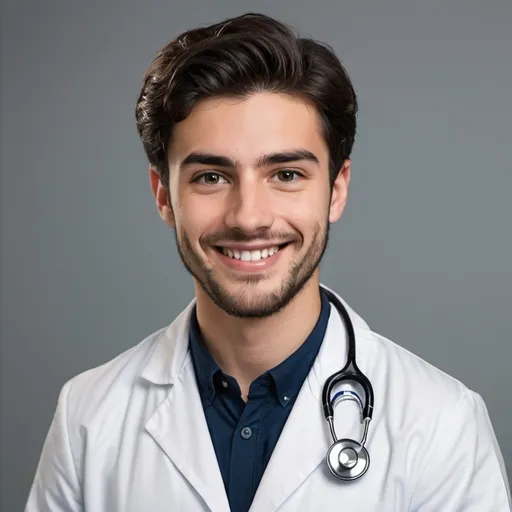 Prompt: a smiling handsome 23 year old young male doctor with  dark hair, with beard well trimmed 