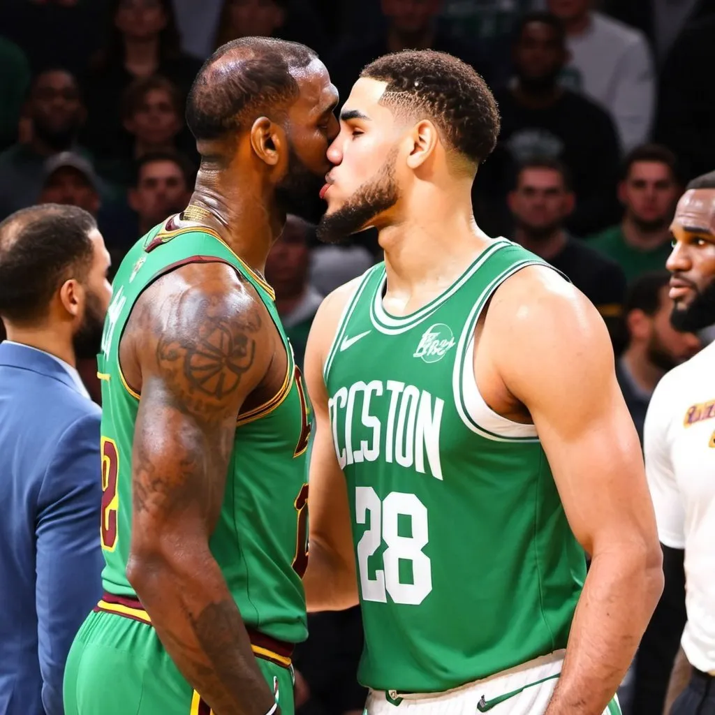 Prompt: jayson tatum kissing lebron
james