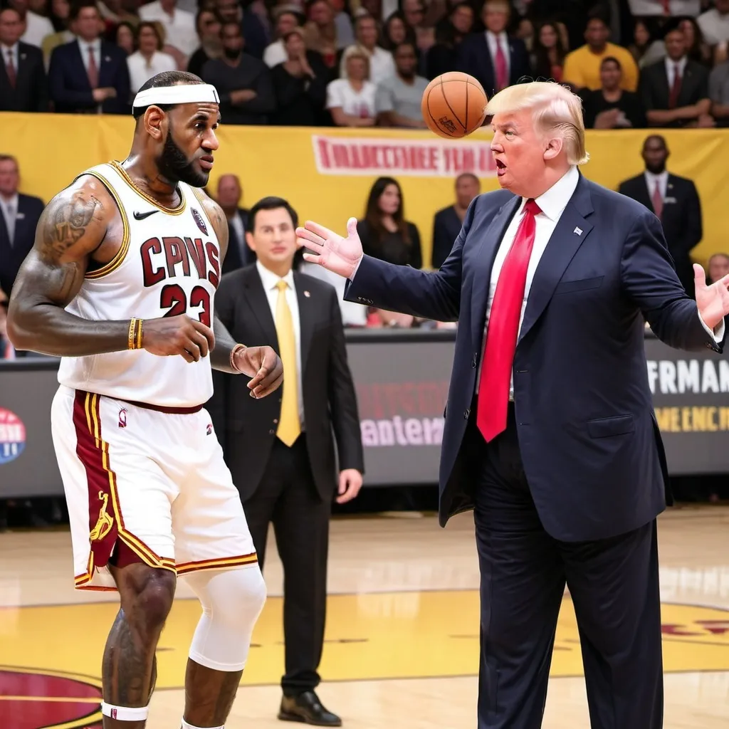 Prompt: Donald Trump playing basketball with lebron James eating tacos

