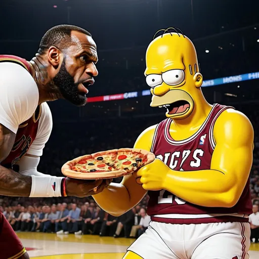 Prompt: homer simpson fighting lebron james while eating pizza
