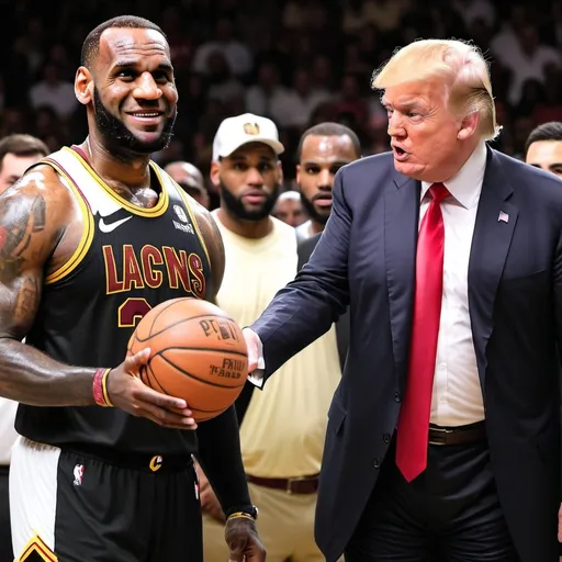 Prompt: Donald Trump playing basketball with lebron James eating tacos

