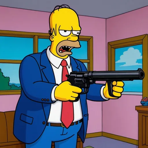 Prompt: homer impson shooting donald trump with a gun and he is angry
