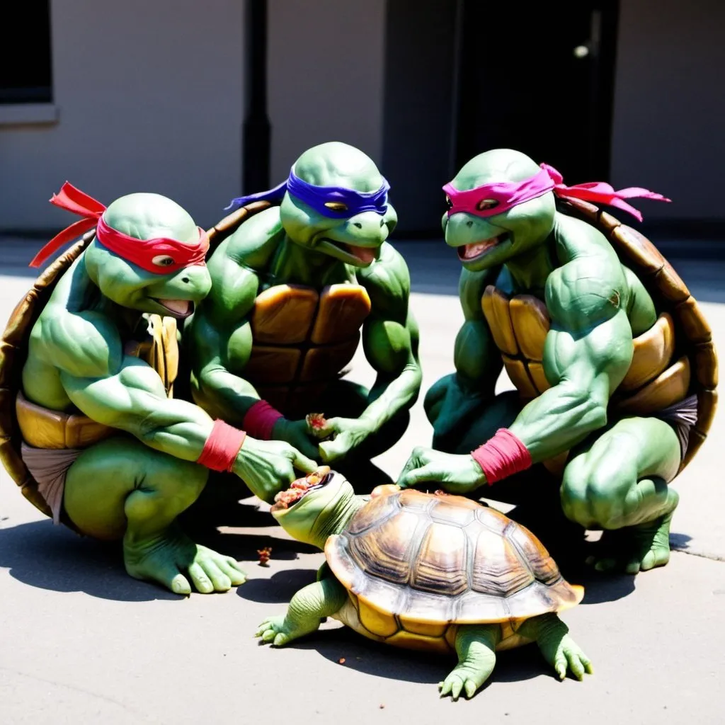 Prompt: ninja turtles eating a regular turtle
