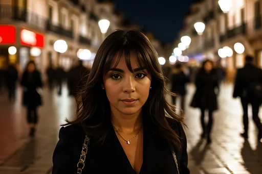 Prompt: a spanish woman in Madrid walking into the streets at night
