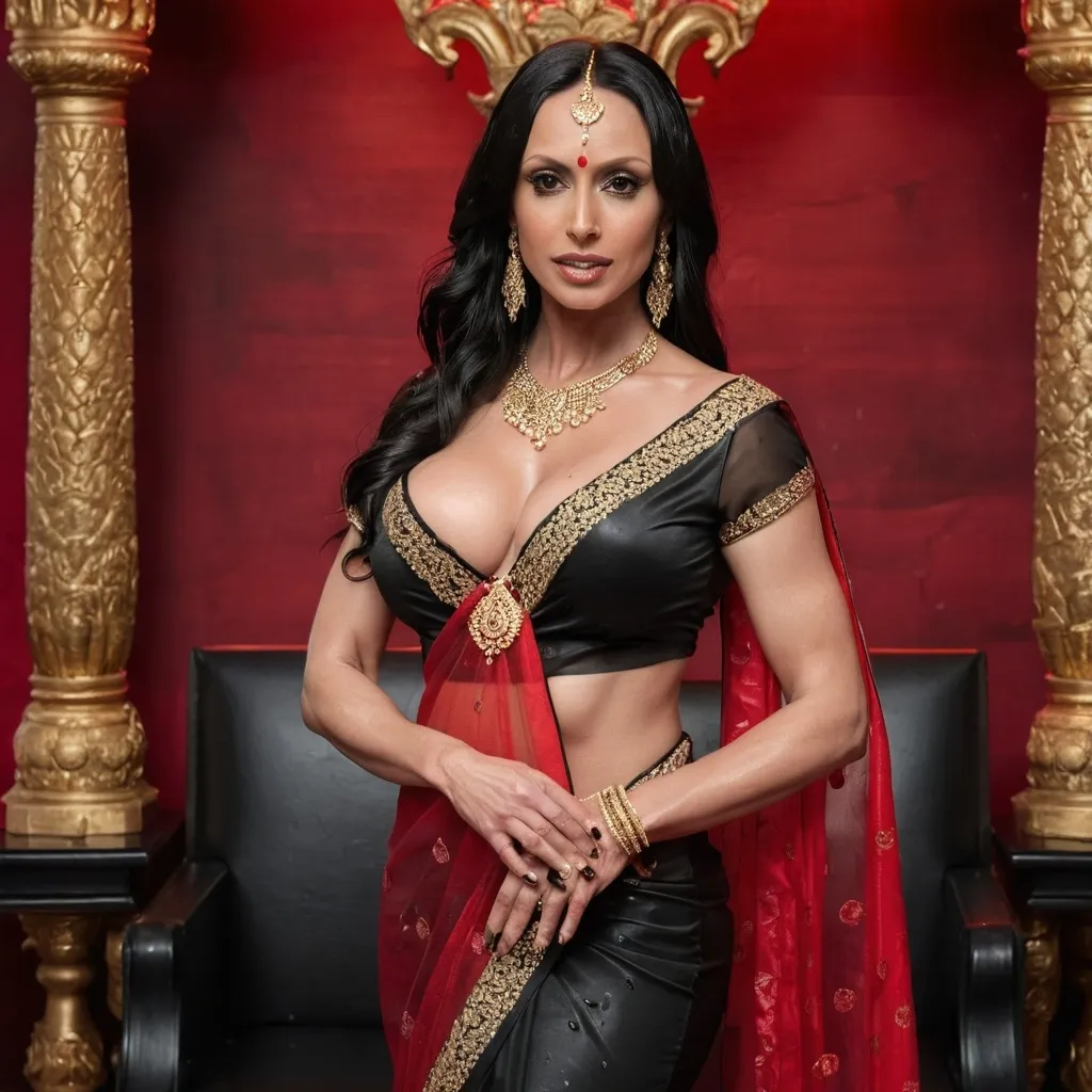 Prompt: Kendra lust, black skinned, wet red saree, black transparent blouse, leaned over, deep cleavage, full body, heavy jewellery, throne room background