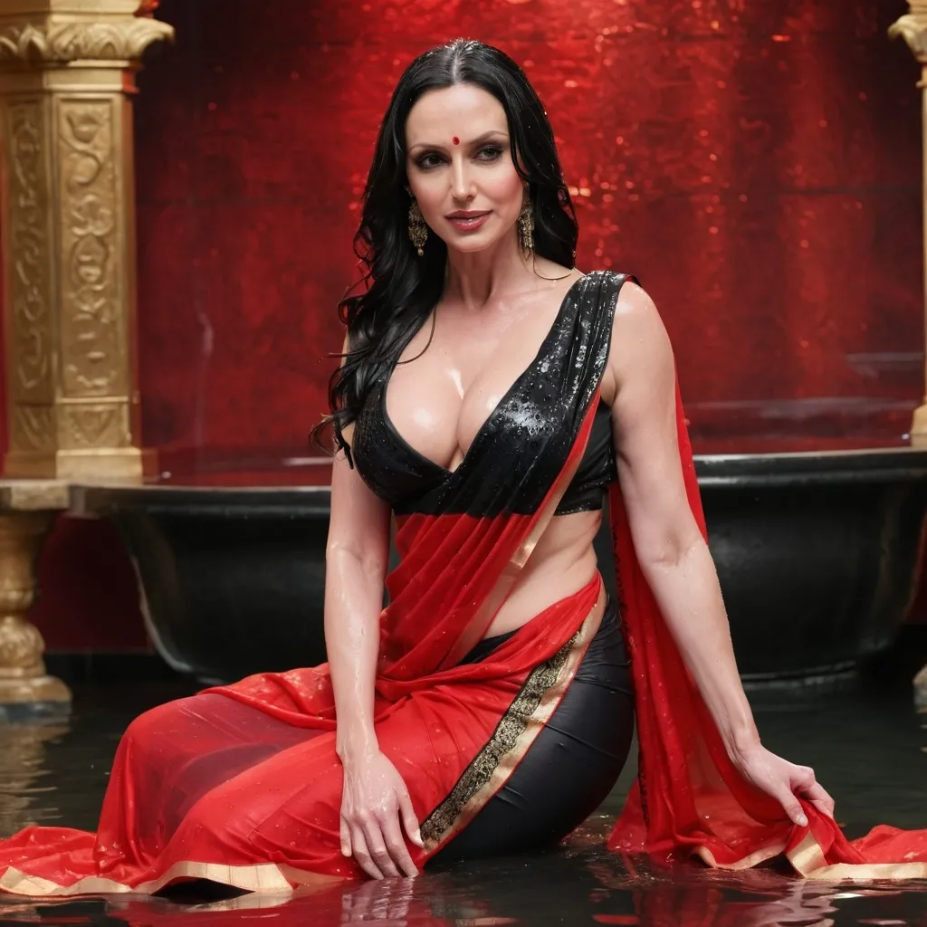 Prompt: Kendra lust, wet red saree, black transparent blouse, leaned over, deep cleavage, full body, throne room background