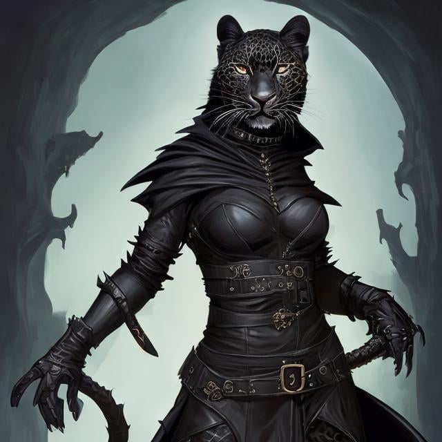 Prompt: black leopard female tabaxi wearing all black leather, a bandolier of daggers across her chest, chausses, black fingerless gloves, and a hooded black cloak. Tail visible.