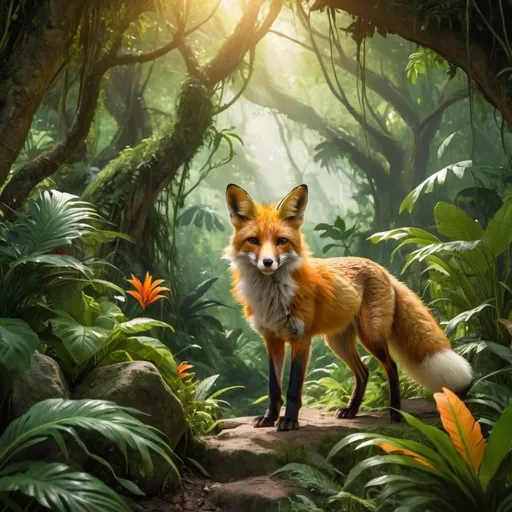 Prompt: (concept: Un renard dans la jungle), a vibrant and lush jungle backdrop overflowing with rich greenery and exotic plants, the fox elegantly poised, showcasing its vivid orange fur contrasting beautifully against the vibrant greens, dappled sunlight filtering through the canopy, creating a warm and inviting ambiance, (ultra-detailed), (cinematic), serene and enchanting atmosphere, evoking a sense of discovery and adventure.