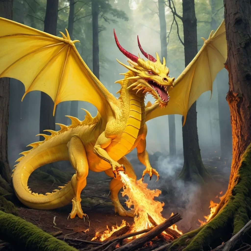 Prompt: A yellow dragon flies over a forest and spits fire from its mouth