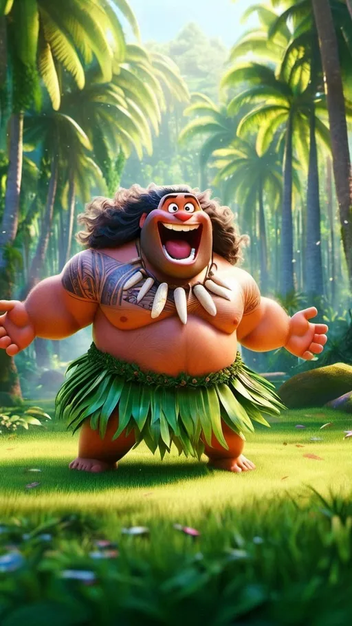 Prompt: a cartoon character in a grass field with palm trees in the background and a man in a hula skirt, Altoon Sultan, dau-al-set, pixar and disney animation, concept art