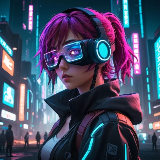 Prompt: Gamer anime girl, digital illustration, vibrant and futuristic cyberpunk cityscape, neon lights, high-tech gaming equipment, intense and focused gaze, detailed anime eyes, immersive virtual reality headset, dynamic action pose, 4k, ultra-detailed, anime, cyberpunk, vibrant neon, futuristic, detailed eyes, professional, atmospheric lighting