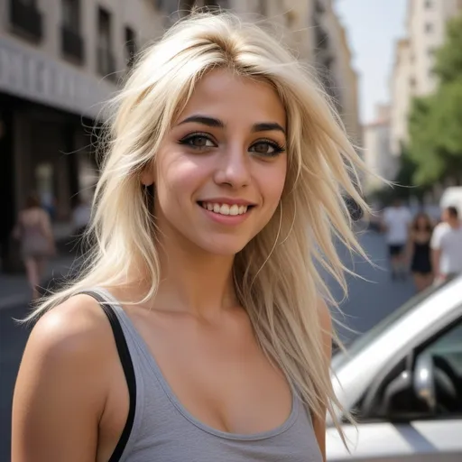 Prompt: greek woman, age 27, her medium long  hair is styled in wild shag. the hair is totally highlighted and dyed platinum blonde,  all over blonde except  a cm black regrowth, realistic skin texture, captured with a 200mm lens, looking happy ,with brown eyes, mouth closed, set against an urban cityscape,    no skin visible in hair parting, beatifull eye make-up, cats eyes
