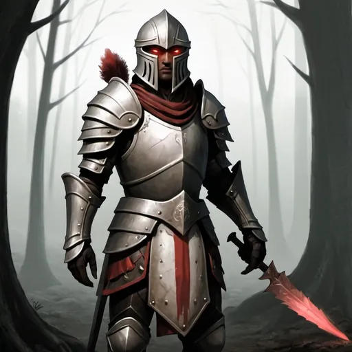 Prompt: enviroment is dim lighted forrest middle of the night
add red light detailn in the eyes and in the armor