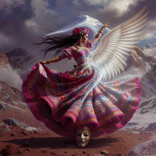 Prompt: Ilustración realista de una mujer bailando morenada (danza boliviana). Viste una pollera tradicional colorida que se transforma y fusiona con el cerro Illimani (montaña nevada de La Paz, Bolivia), creando un efecto de transición entre la tela y las rocas/nieve. Bajo sus pies, una máscara antigua de chola paceña con rasgos indígenas, desgastada y simbólica. A un costado, alas celestes translúcidas (como de ángel o mariposa) que emergen de su espalda. La escena es épica y onírica, con tonos vibrantes (azules, dorados, rosas) y detalles folclóricos. Estilo: ilustración digital realista, mezcla de arte fantástico y cultura boliviana, luz dramática."*  