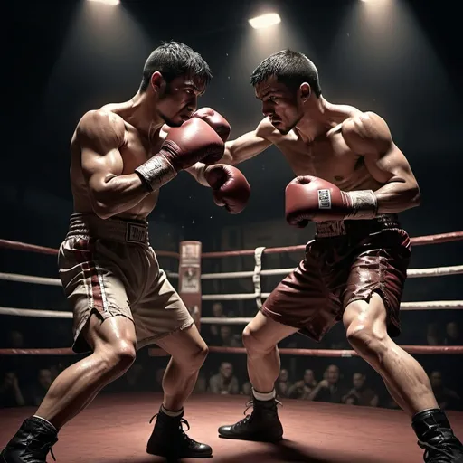 Prompt: (realistic boxing scene), dramatic lighting, dark color scheme, intense atmosphere, shadowy background, fighters in dynamic poses, sweat glistening on skin, deep contrasts between light and dark, tension-filled air, boxing ring under dim lights, ultra-detailed, high-quality, gritty realism.