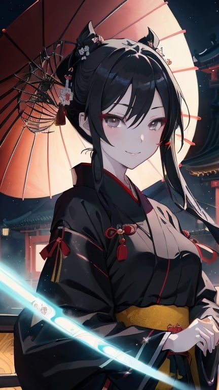 Prompt: ((masterpiece, best quality)), anime, girl in revealing black hanfu, gray eyes, neo-figurative, official art, detailed, night background, evil smiling expression