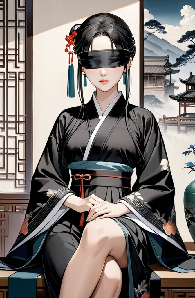 Prompt: ((masterpiece, best quality)), young girl in black chinese hanfu, eyes blindfolded, neo-figurative, official art, a detailed painting