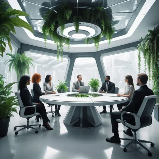 Prompt: It is year 2049. Close future. Generate a team of profesionalists having a meeting in a futuristic room. Lots of plants, technology
