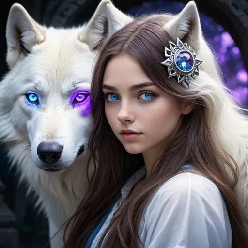 Prompt: a beautiful girl with one purple eye and one blue won with long brown hair with blue and purple tips stares at a very large white wolf with one purple eye and one blue eye that glows and a diamond in the temples of the wolf