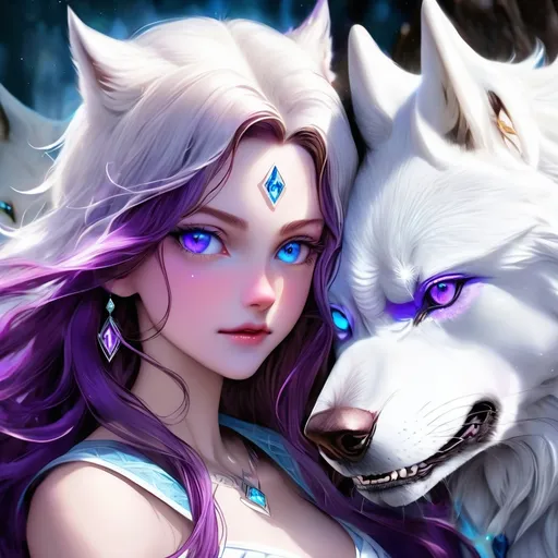 Prompt: a beautiful girl with one purple eye and one blue one with long brown hair with blue and purple tips stares at a very large white wolf with one purple eye and one blue eye that glows and a diamond in the temples of the wolf