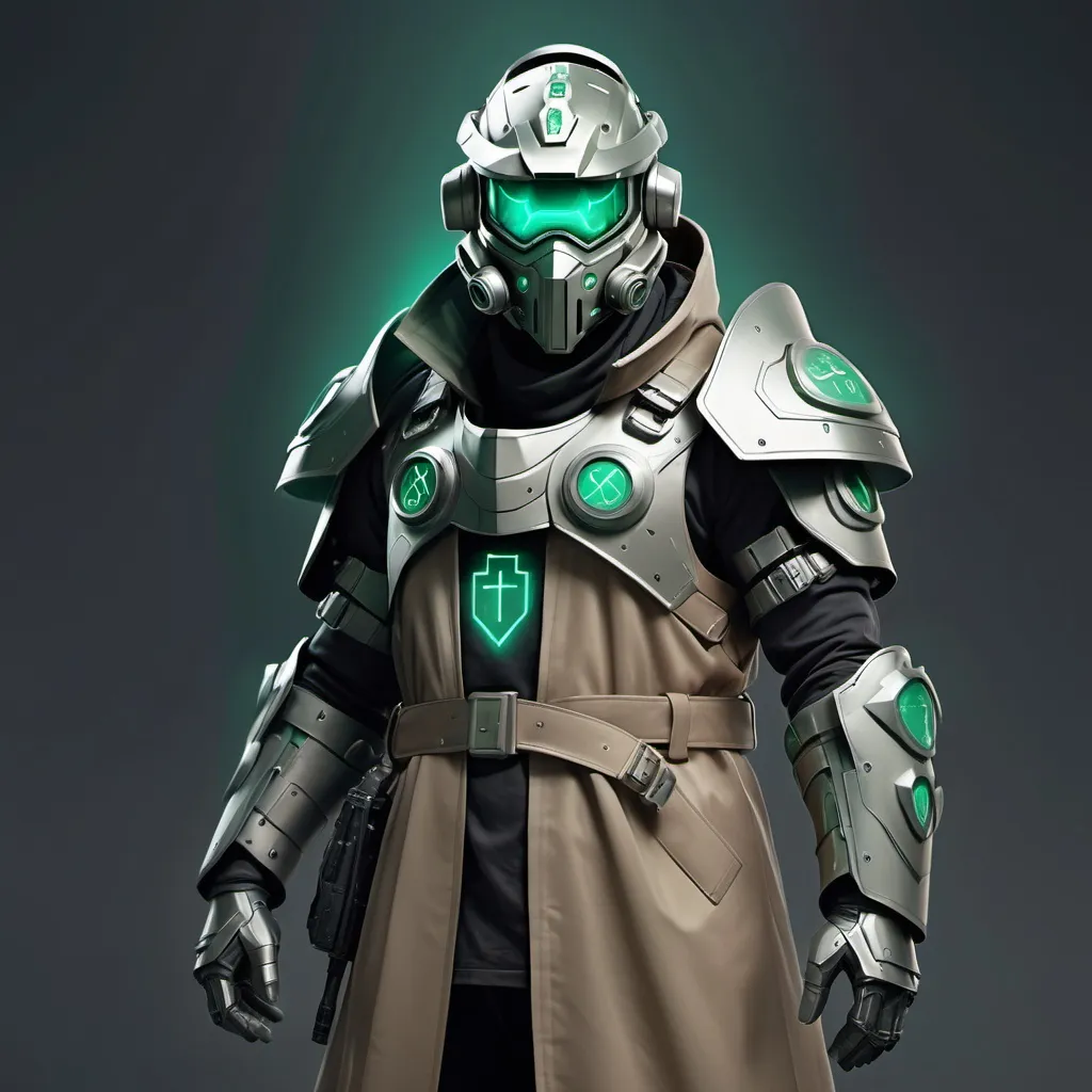 Prompt: Sci-fi Knight wearing halo power armor and trench coat with emerald norse runes wearing face mask helmet 