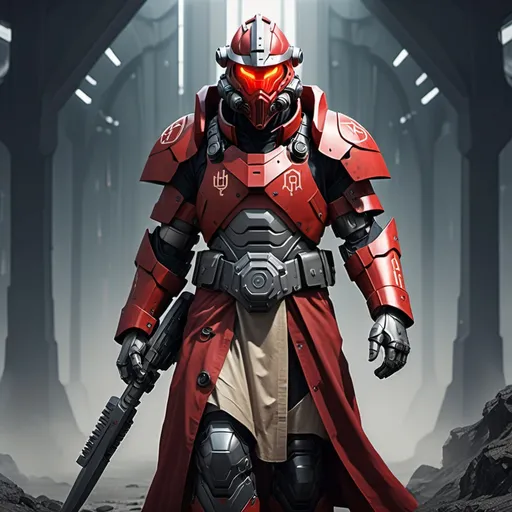 Prompt: Sci-fi Knight wearing halo power armor and trench coat with crimson norse runes wearing face mask helmet 