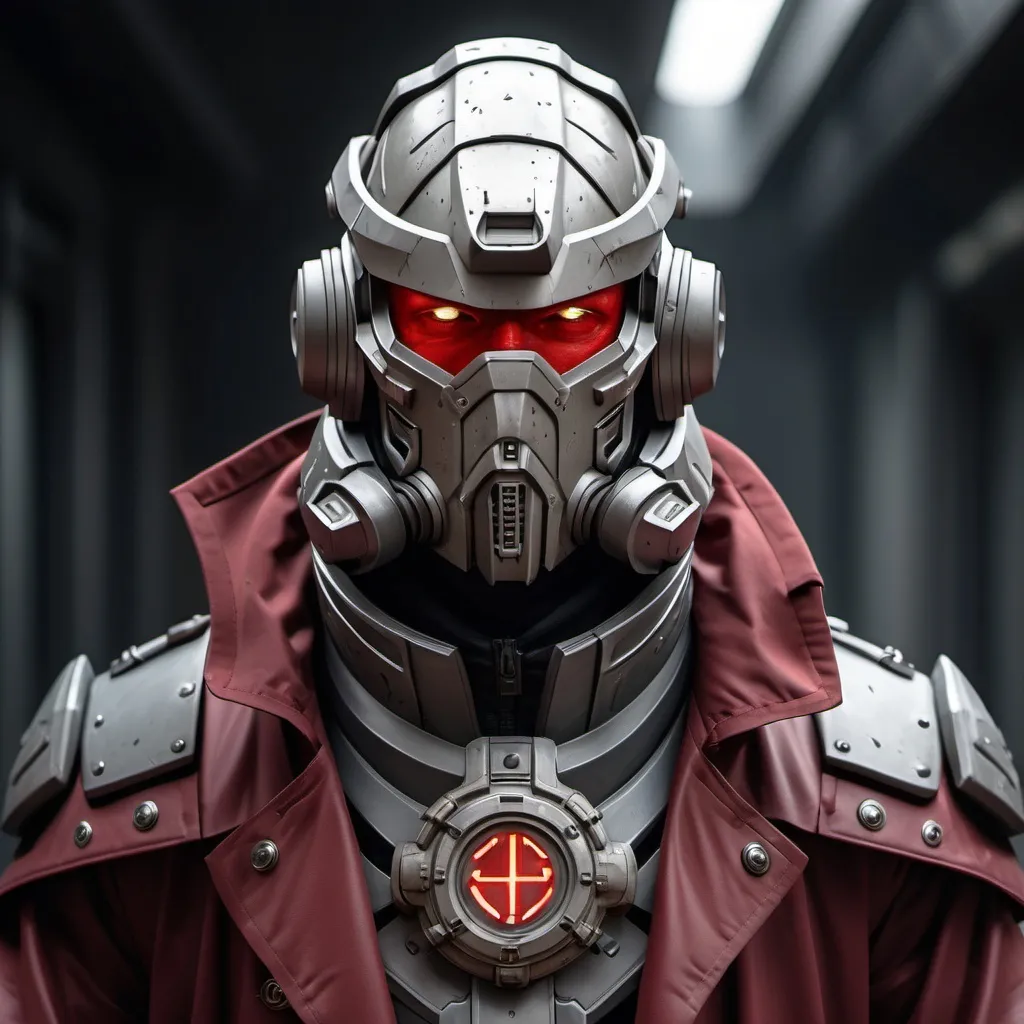 Prompt: Sci-fi Knight wearing halo power armor and trench coat with crimson norse runes wearing face mask helmet 