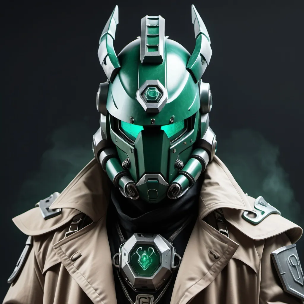 Prompt: Sci-fi Knight wearing halo power armor and trench coat with emerald norse runes wearing face mask helmet 