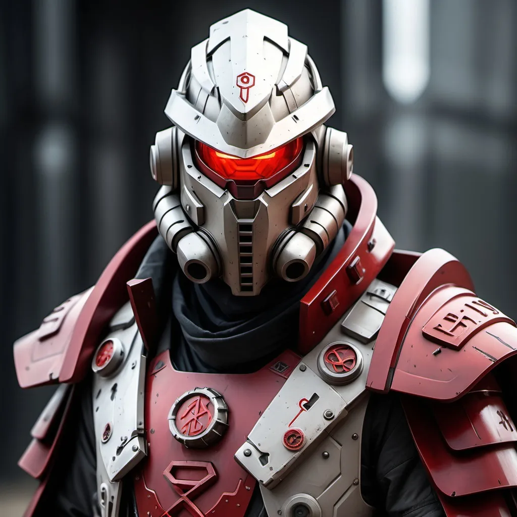 Prompt: Sci-fi Knight wearing halo power armor and trench coat with crimson norse runes wearing face mask helmet 