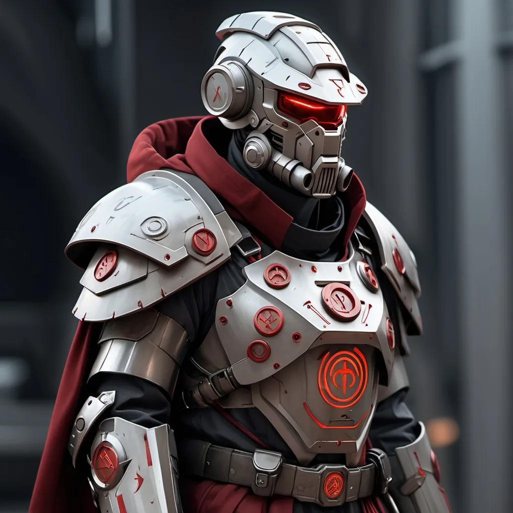 Prompt: Sci-fi Knight wearing halo power armor and trench coat with crimson norse runes wearing face mask helmet 