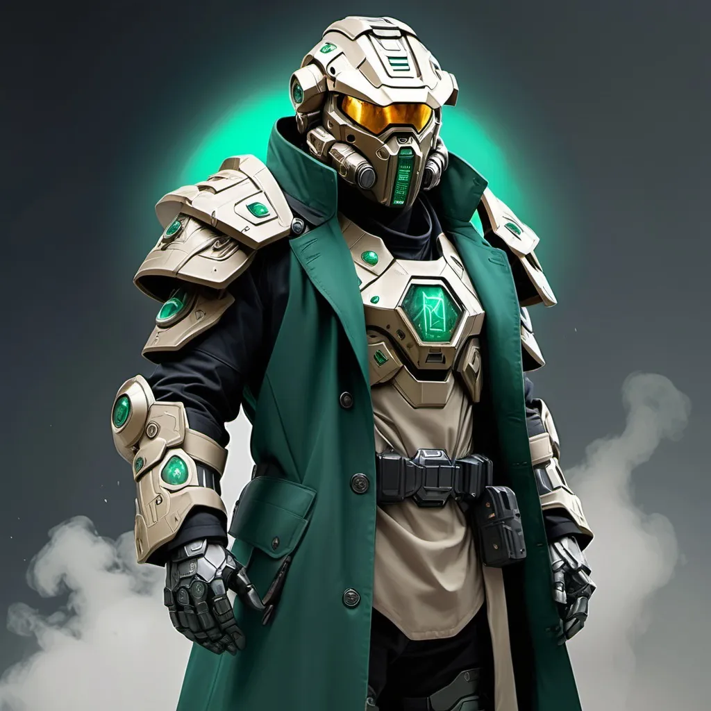 Prompt: Sci-fi commander wearing halo power armor and trench coat with emerald norse runes wearing face mask helmet 