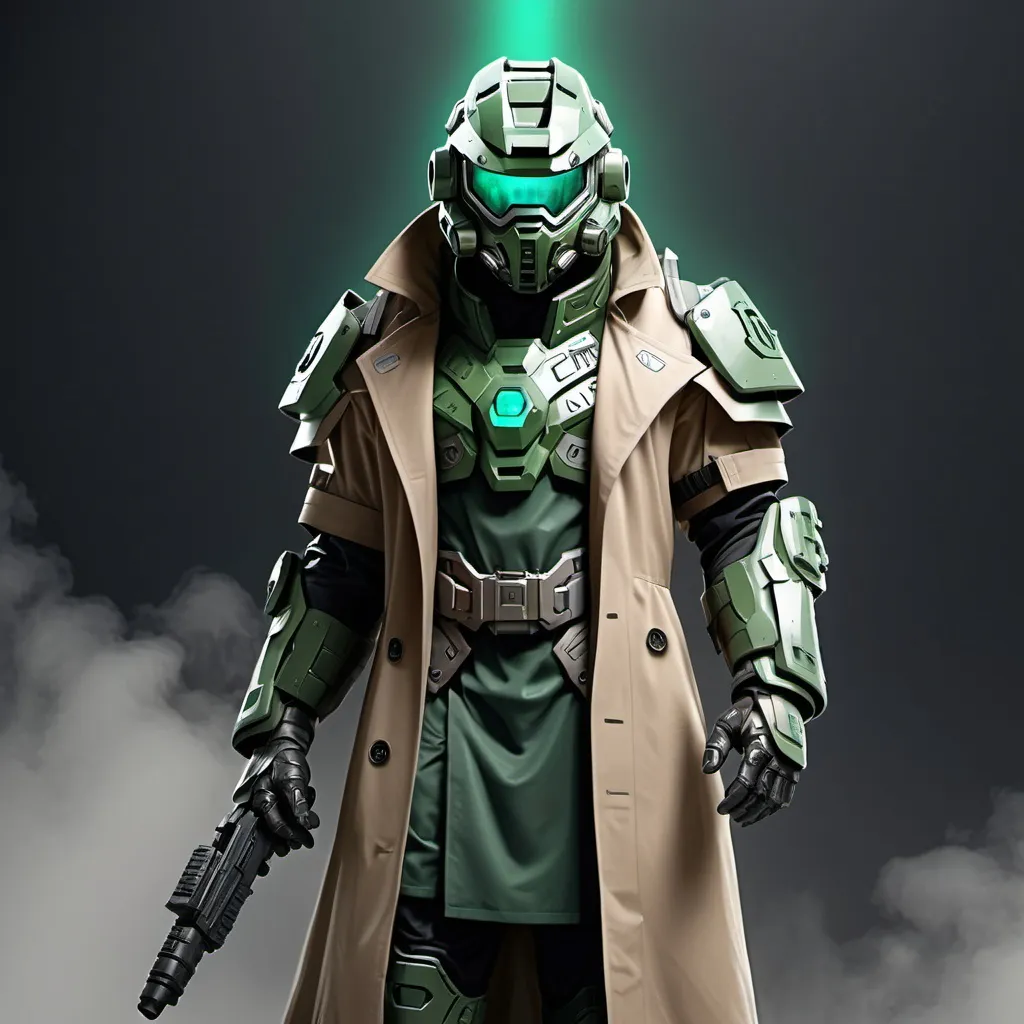 Prompt: Sci-fi commander wearing halo power armor and trench coat with emerald norse runes wearing face mask helmet 