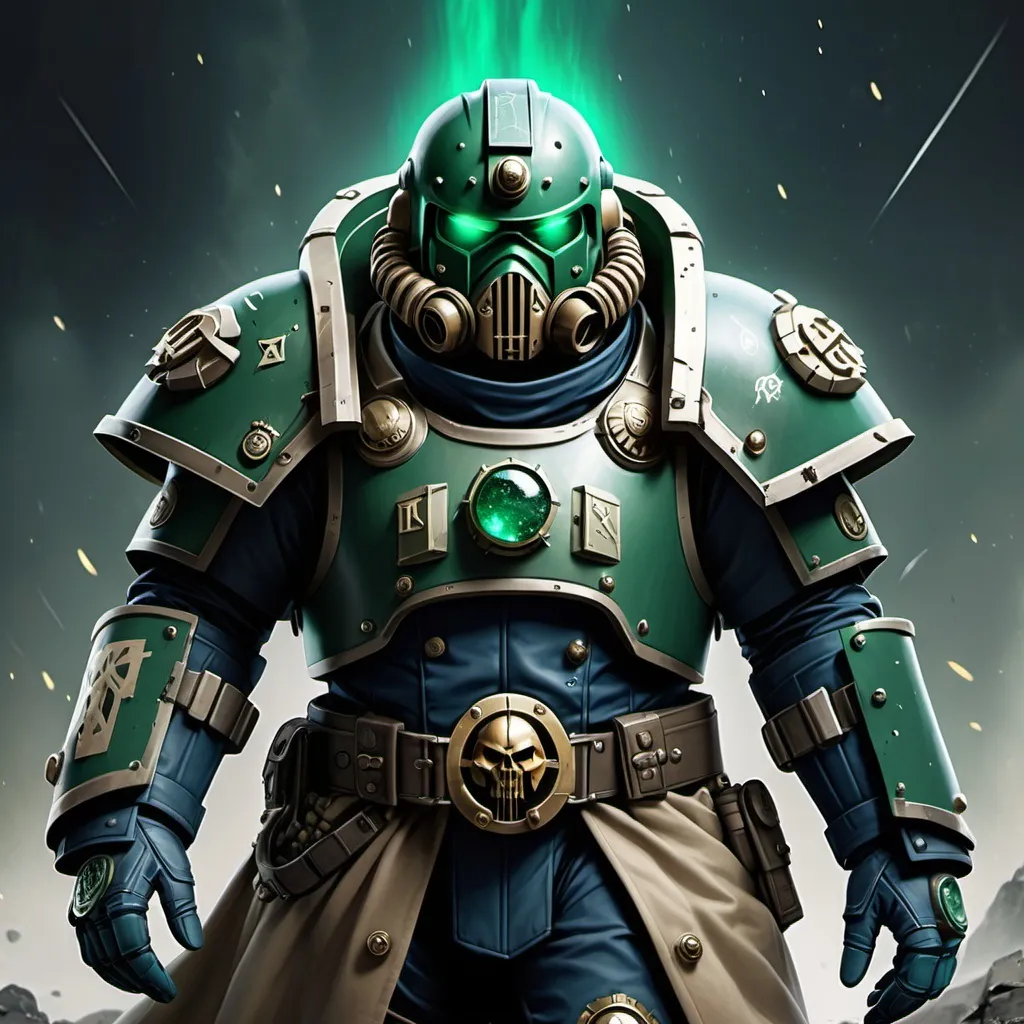 Prompt: Sci-fi space marine wearing power armor and trench coat with emerald norse runes wearing face mask helmet 