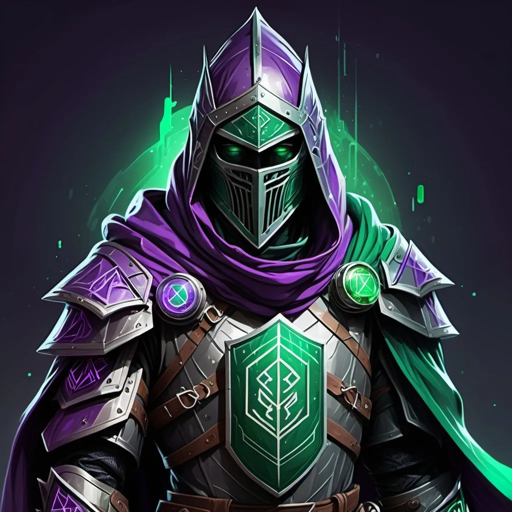 Prompt: Sci-fi Knight with emerald hood with purple norse runes