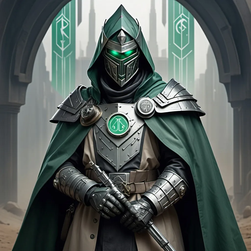 Prompt: Sci-fi Templar wearing armored trench coat with emerald norse runes wearing face mask helmet 