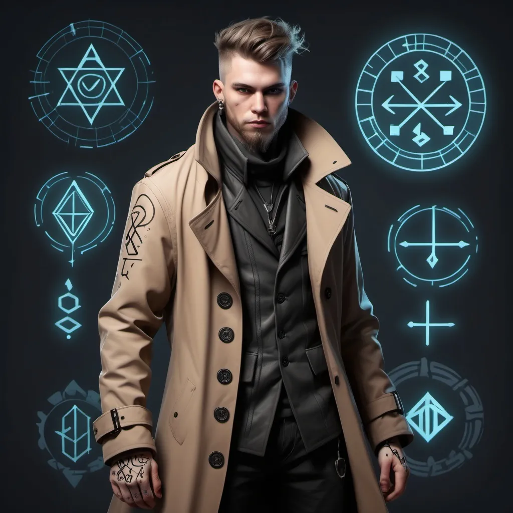 Prompt: Sci-fi protagonist with trench coat and norse runes and tattoos 