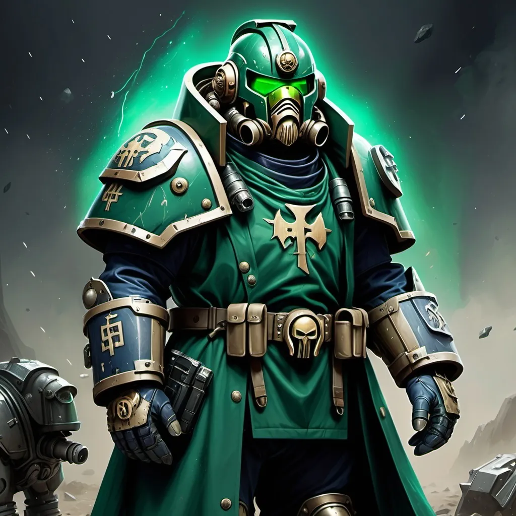 Prompt: Sci-fi space marine wearing power armor and trench coat with emerald norse runes wearing face mask helmet 