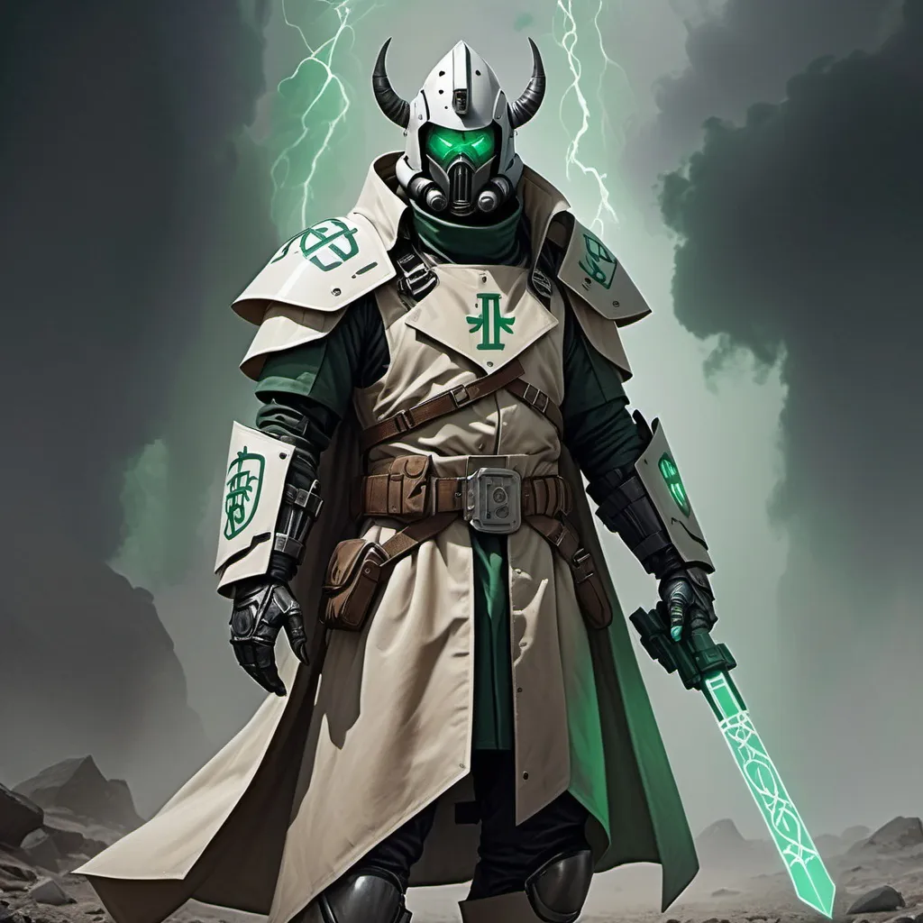 Prompt: Sci-fi Templar wearing power armor and trench coat with emerald norse runes wearing face mask helmet 