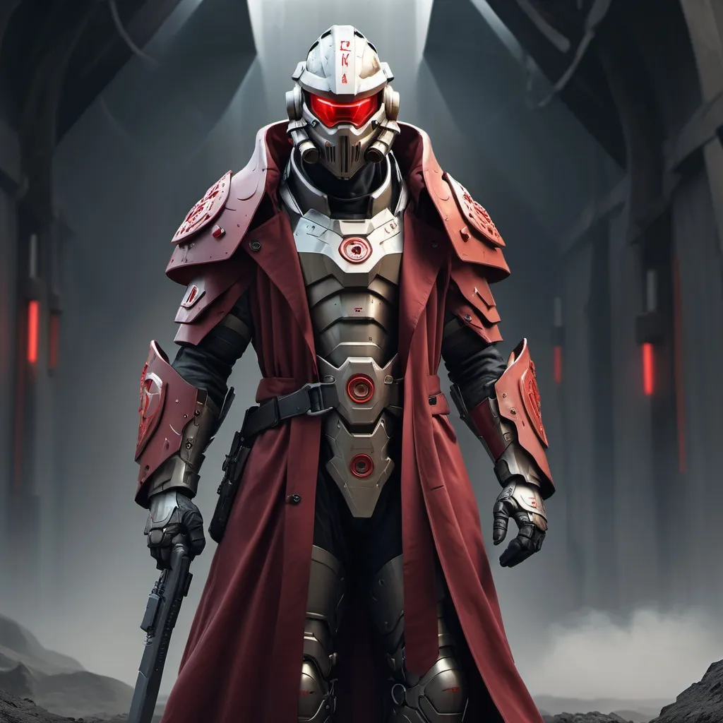 Prompt: Sci-fi Knight wearing halo power armor and trench coat with crimson norse runes wearing face mask helmet 