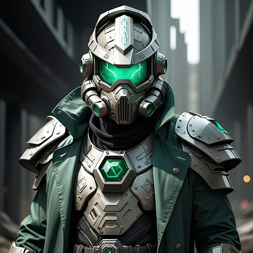 Prompt: Sci-fi Knight wearing halo power armor and trench coat with emerald norse runes wearing face mask helmet 