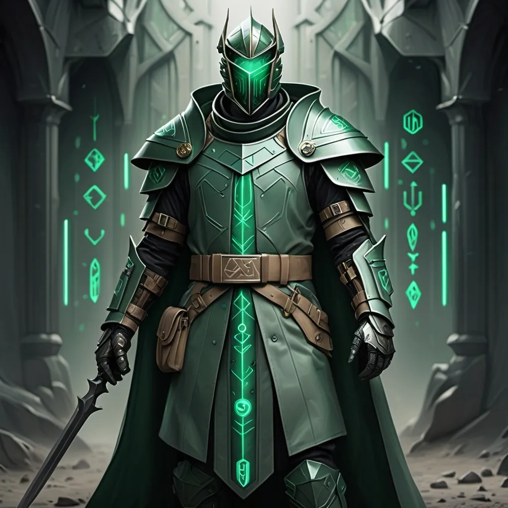 Prompt: Sci-fi Knight wearing armored trench coat with emerald norse runes