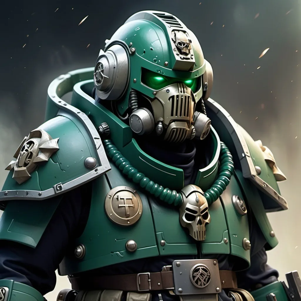 Prompt: Sci-fi space marine wearing power armor and trench coat with emerald norse runes wearing face mask helmet 
