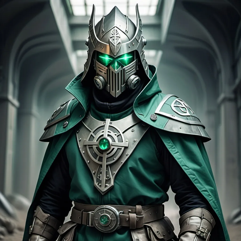 Prompt: Sci-fi Templar wearing armored trench coat with emerald norse runes wearing face mask helmet 